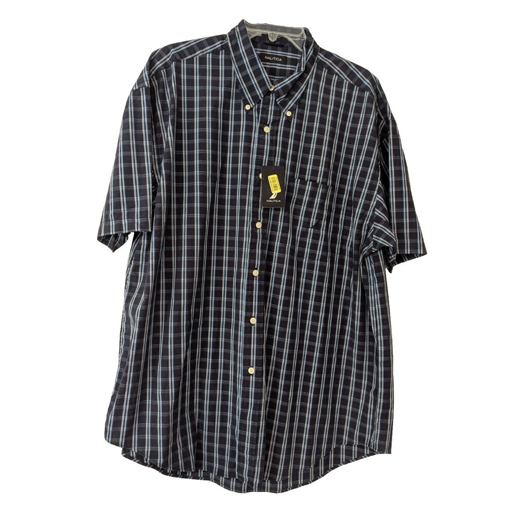 Nautica Men XL Blue White Plaid Button Down Short Sleeve Navtech Classic NWT - Picture 3 of 11
